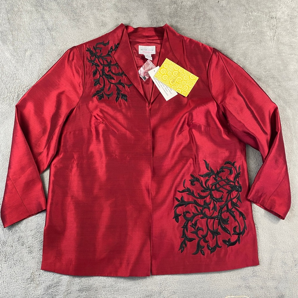 Victor Costa Silk Jacket Womens 1X Red Occasion Beaded Floral Evening Blazer NWT